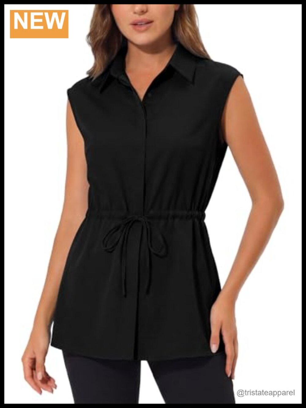 Sleeveless Button Down Blouse Tunic with Collar and Drawstring Waist